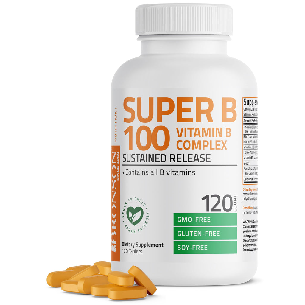 Bronson Super B100 Vitamin B Complex Sustained Release, 120 Tablets | B1, B2, B3, B6, Folic Acid, B12, Biotin & Pantothenic Acid, Energy & Nerve Support, Non-GMO, Gluten-Free & Soy-Free