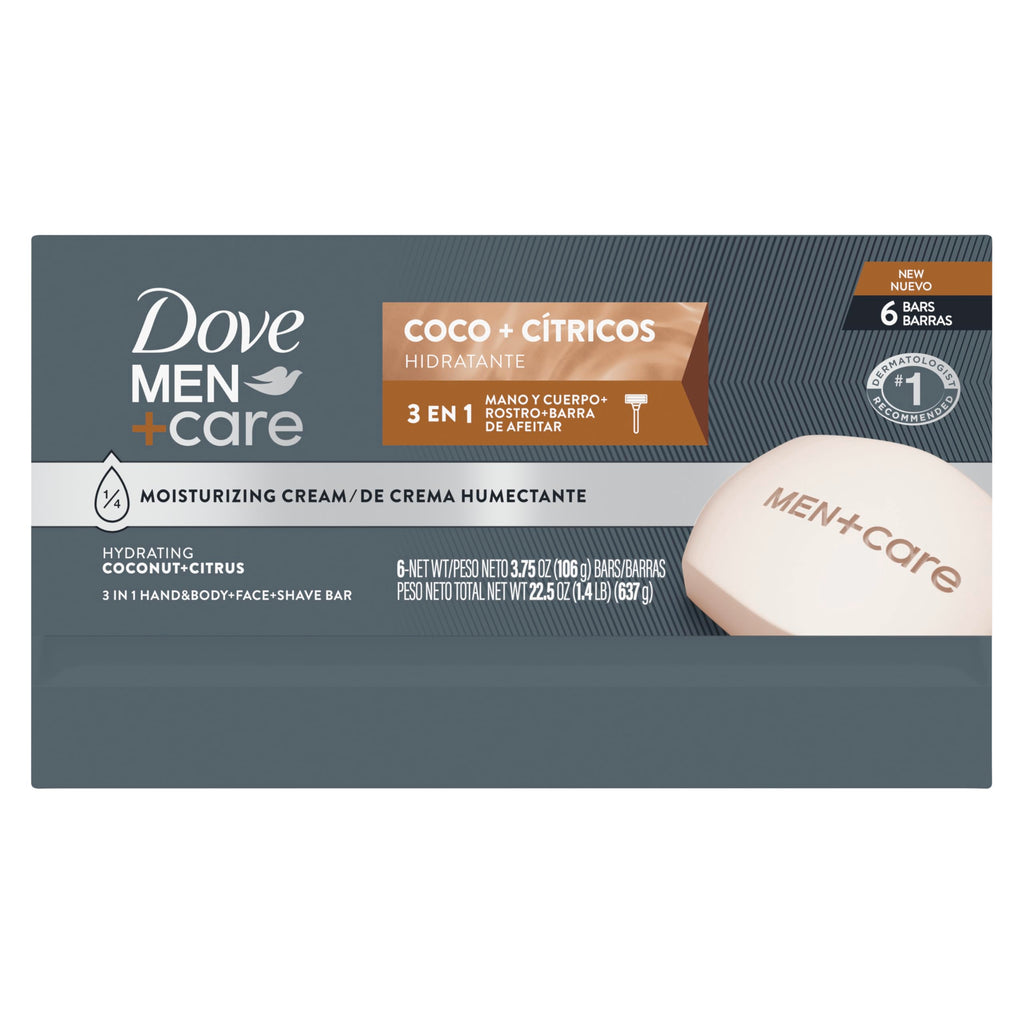 DOVE MEN + CARE Hidratante Coco + Cítricos Hand & Body Face 6 Count 3.75 oz | For dry skin, Helps hydrate and smooth skin, With coconut + citrus formula, For daily showers, Face + body shave bar
