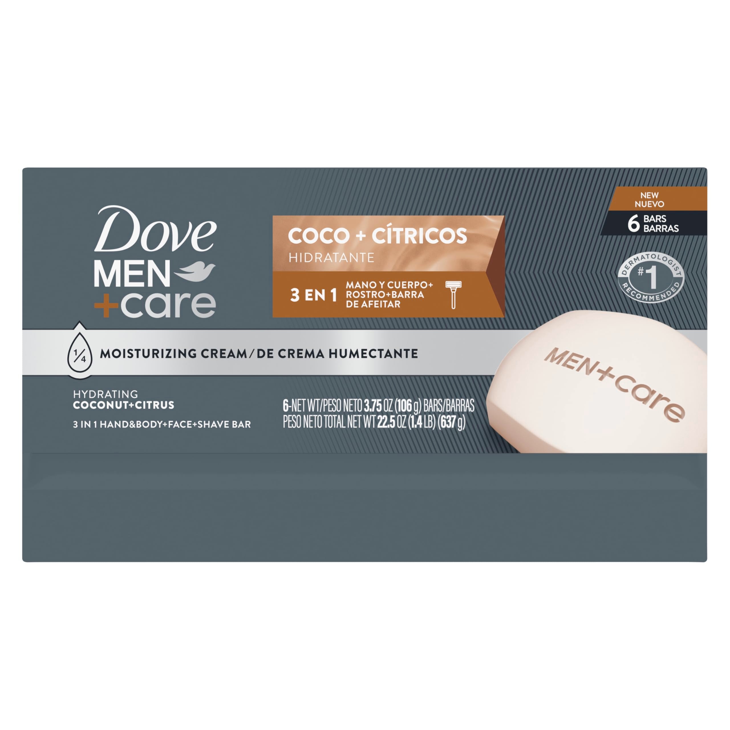 DOVE MEN + CARE Hidratante Coco + Cítricos Hand & Body Face 6 Count 3.75 oz | For dry skin, Helps hydrate and smooth skin, With coconut + citrus formula, For daily showers, Face + body shave bar