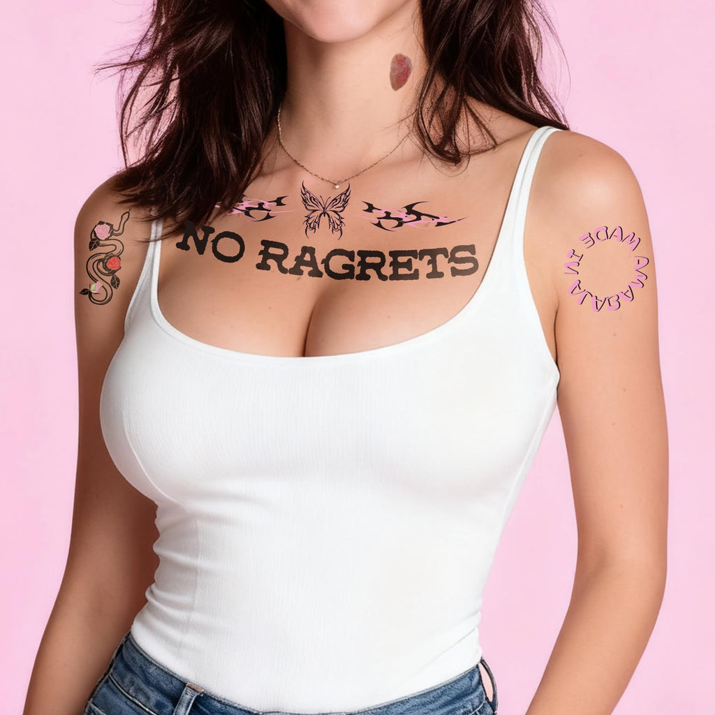Temporary Fake Tattoos Y2K Accessories for Adult Women, Tramp Stamp White Trash Bachelorette No Ragrets Tattoo, White Trailer Trash Attire Women Party Decorations 4 Sheets