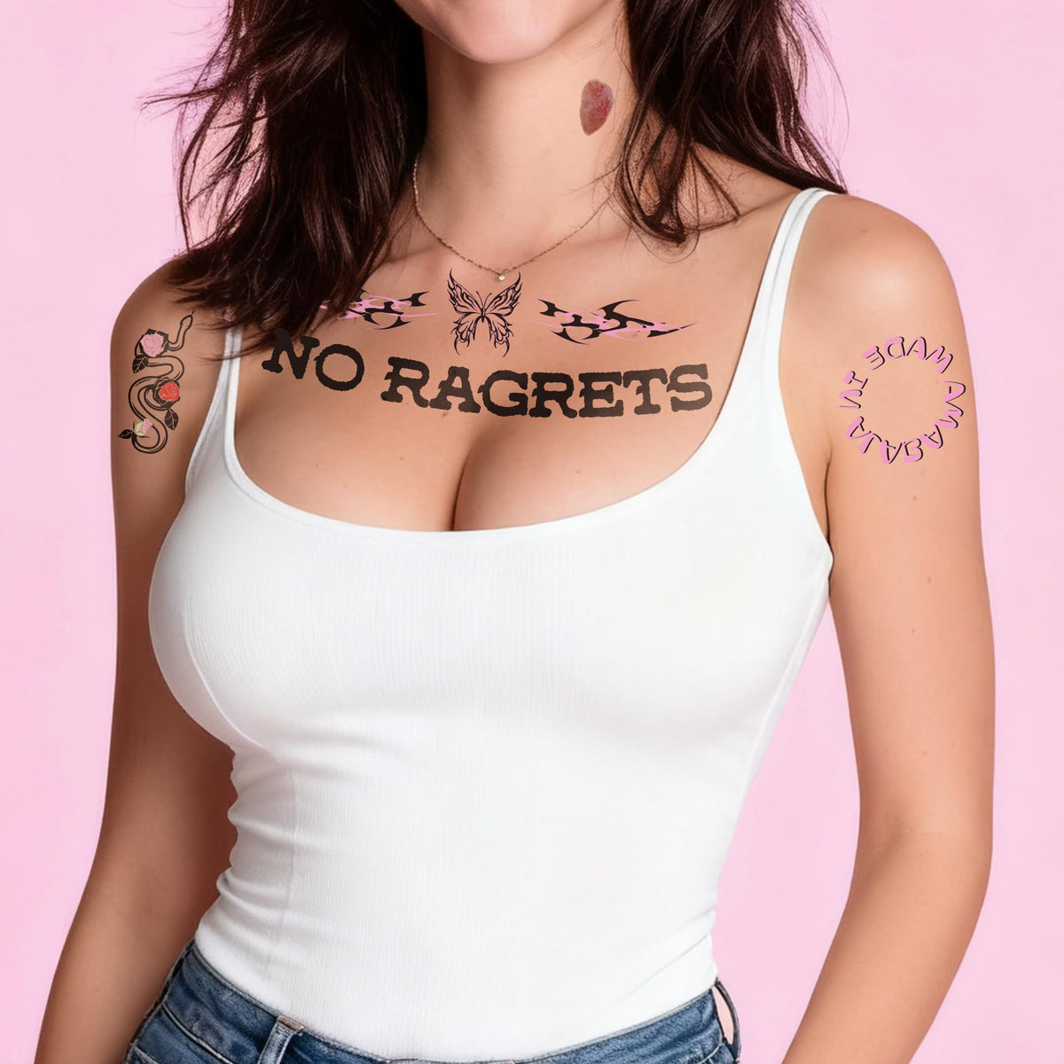 Temporary Fake Tattoos Y2K Accessories for Adult Women, Tramp Stamp White Trash Bachelorette No Ragrets Tattoo, White Trailer Trash Attire Women Party Decorations 4 Sheets