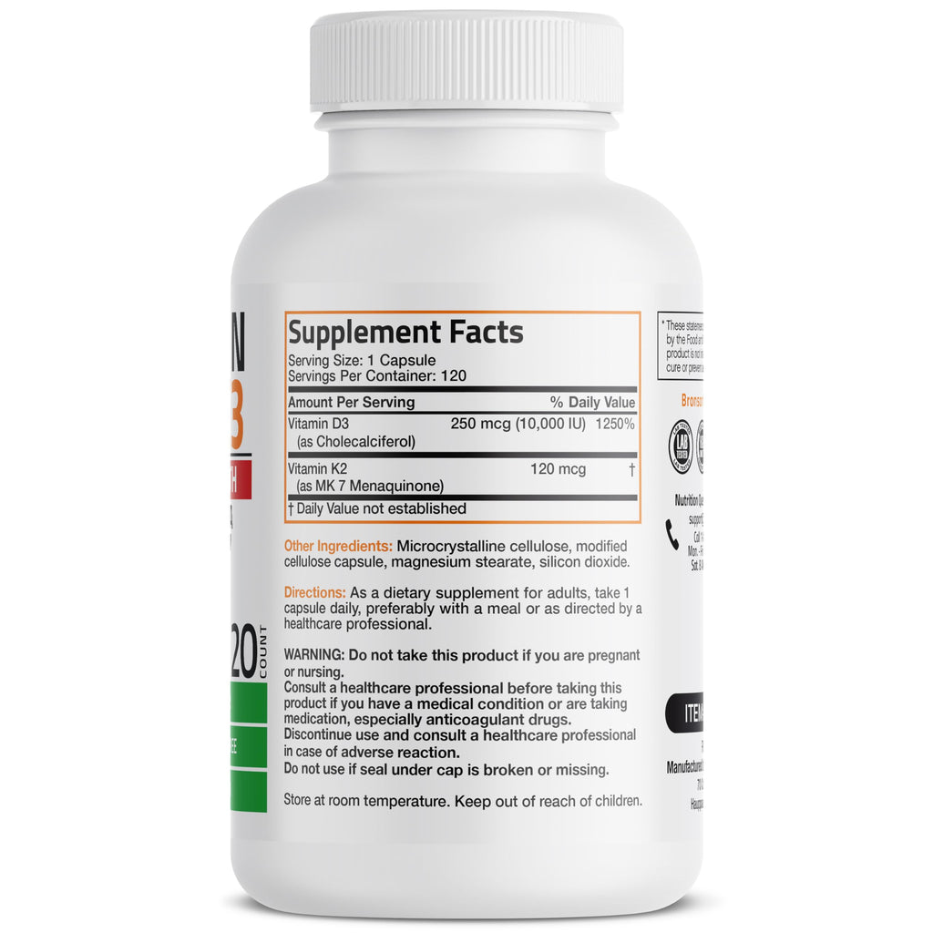 Bronson Vitamin K2 D3 (MK7) Extra Strength D3 & K2 Complex, 120 Capsules | Bone, Immune & Heart Health Support, Gluten Free, Soy Free, Non-GMO, Vitamin D3 10,000IU (250 mcg) & 120 mcg K2 MK-7