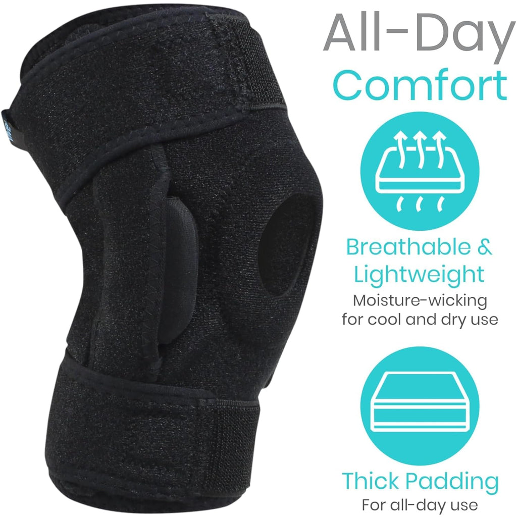 Buy now Vive Hinged Knee Brace - Relieves ACL, MCL, Meniscus Tear - Lightweight, Comfortable, Breathable Open Patella Wrap with Side Stabilizers - for Women & Men - Adjustable Strap for Tendonitis at indiglob india