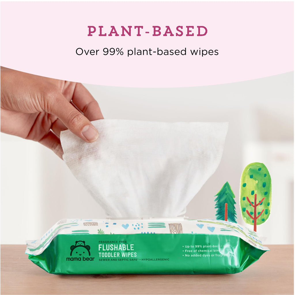 Amazon Brand - Mama Bear Flushable Toddler Toilet Wipes, Unscented, Formulated without Fragrance, Hypoallergenic, Septic Safe, 336 Count, 8 Packs of 43