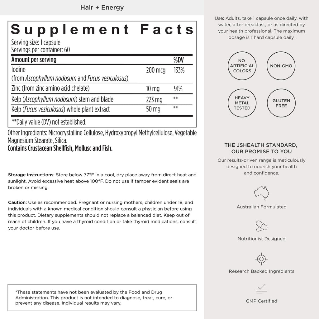 JSHealth Hair Growth Vitamins for Women. Hair + Energy with Kelp Iodine and Zinc. Supports Thickness, Strength, Energy. Nutritionist-Formulated (60 Capsules) | Hair Vitamins for Women and Men, Zinc and Iodine Hair Supplements for Hair Growth