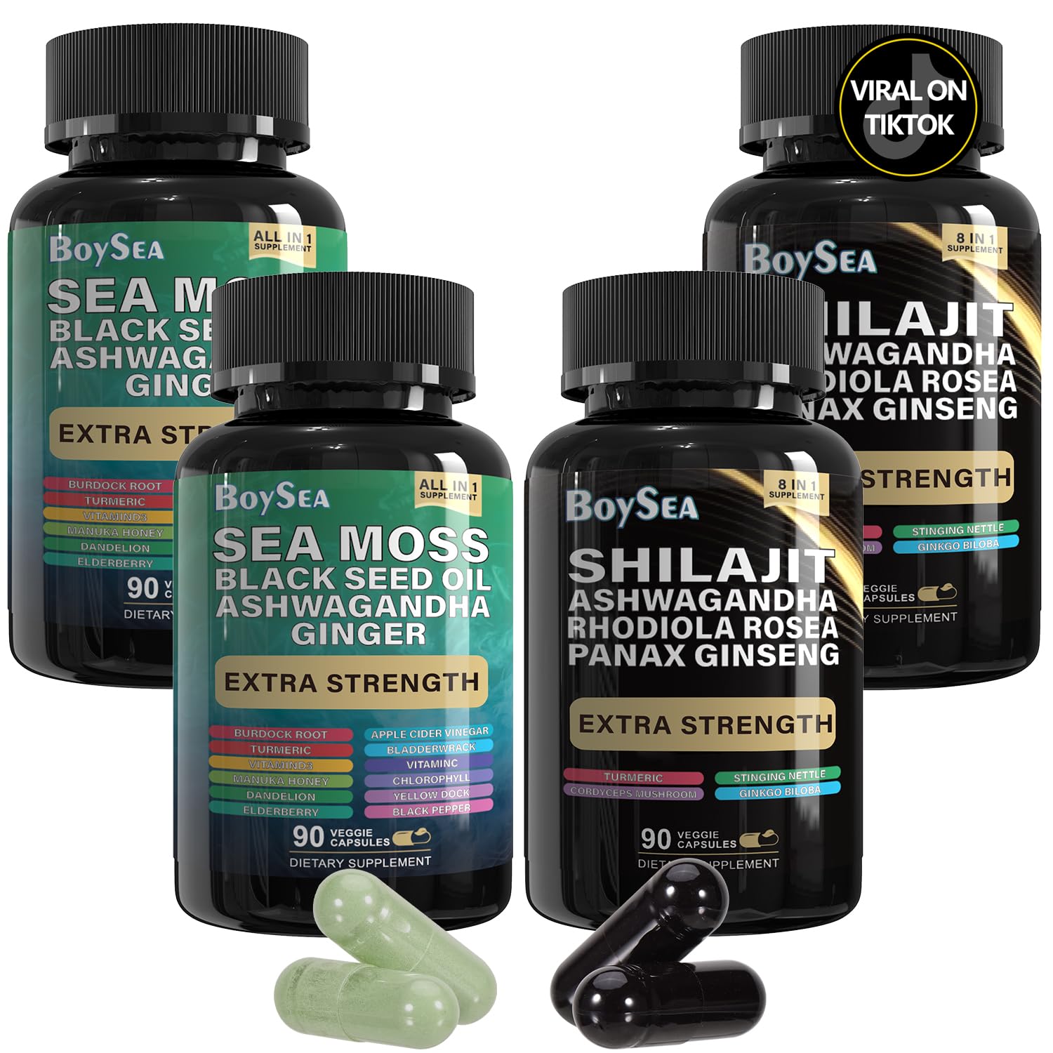 Boysea.Shilajit and Sea Moss Bundle - Sea Moss, Black Seed Oil, Ashwagandha, Ginger & Shilajit, Rhodiola Rosea, All in 1 Supplements - 540 Count