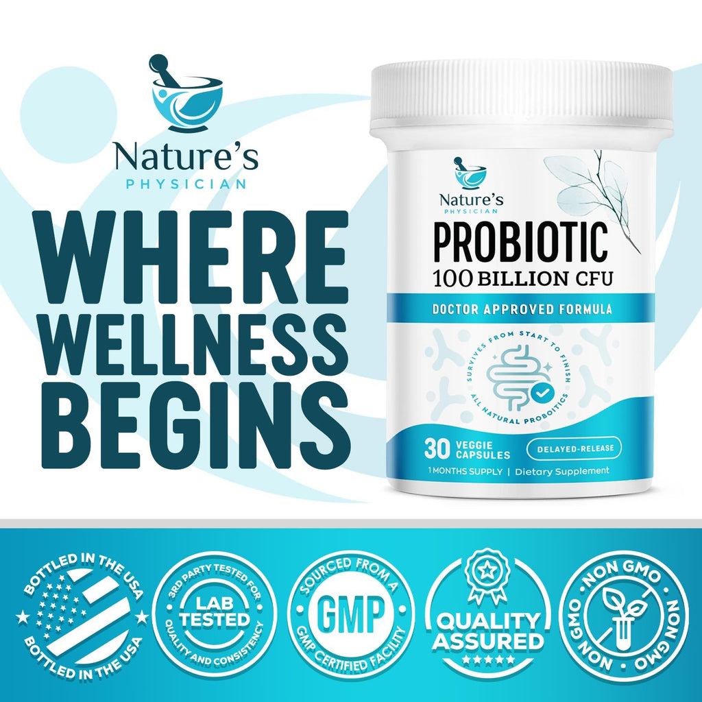 Nature's Physician Probiotics - 100 Billion CFU Per Capsule - 16 Strains + Prebiotics - Best Probiotic Supplement for Women & Men - Supports Immune, Digestive Health, Constipation & Gas - 30 Capsules