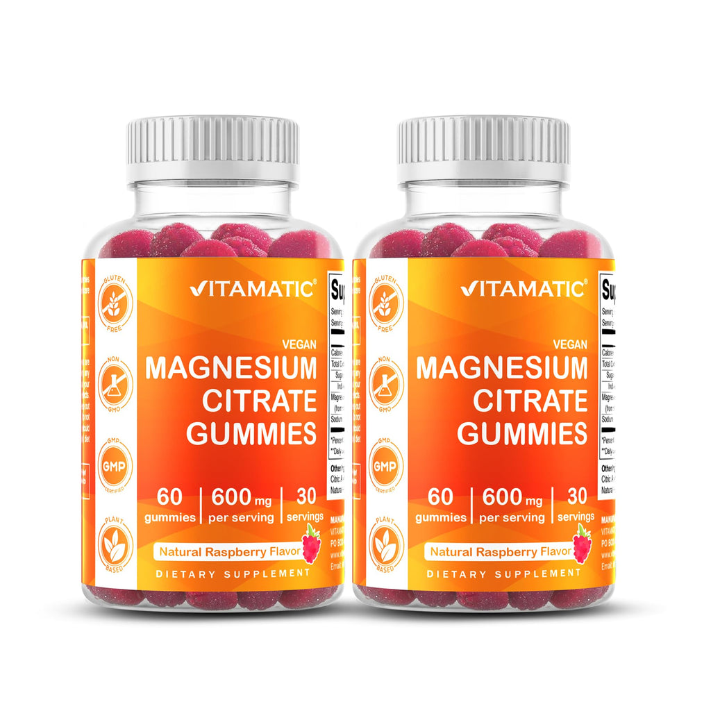 Vitamatic Magnesium Citrate Gummies, 600 mg, 60 Vegan Gummies | 600 mg Magneisum Citrate Per Serving with 70 mg of Elemental Mg, Natural Raspberry Flavor, Non-GMO, Gluten Free, Pectin Based