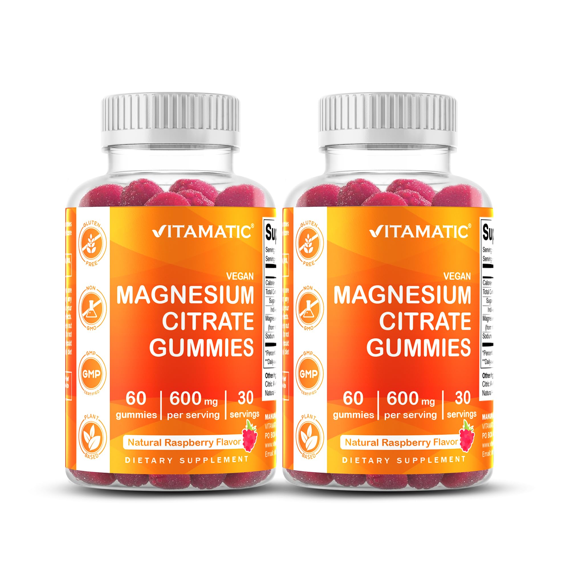 Vitamatic Magnesium Citrate Gummies, 600 mg, 60 Vegan Gummies | 600 mg Magneisum Citrate Per Serving with 70 mg of Elemental Mg, Natural Raspberry Flavor, Non-GMO, Gluten Free, Pectin Based
