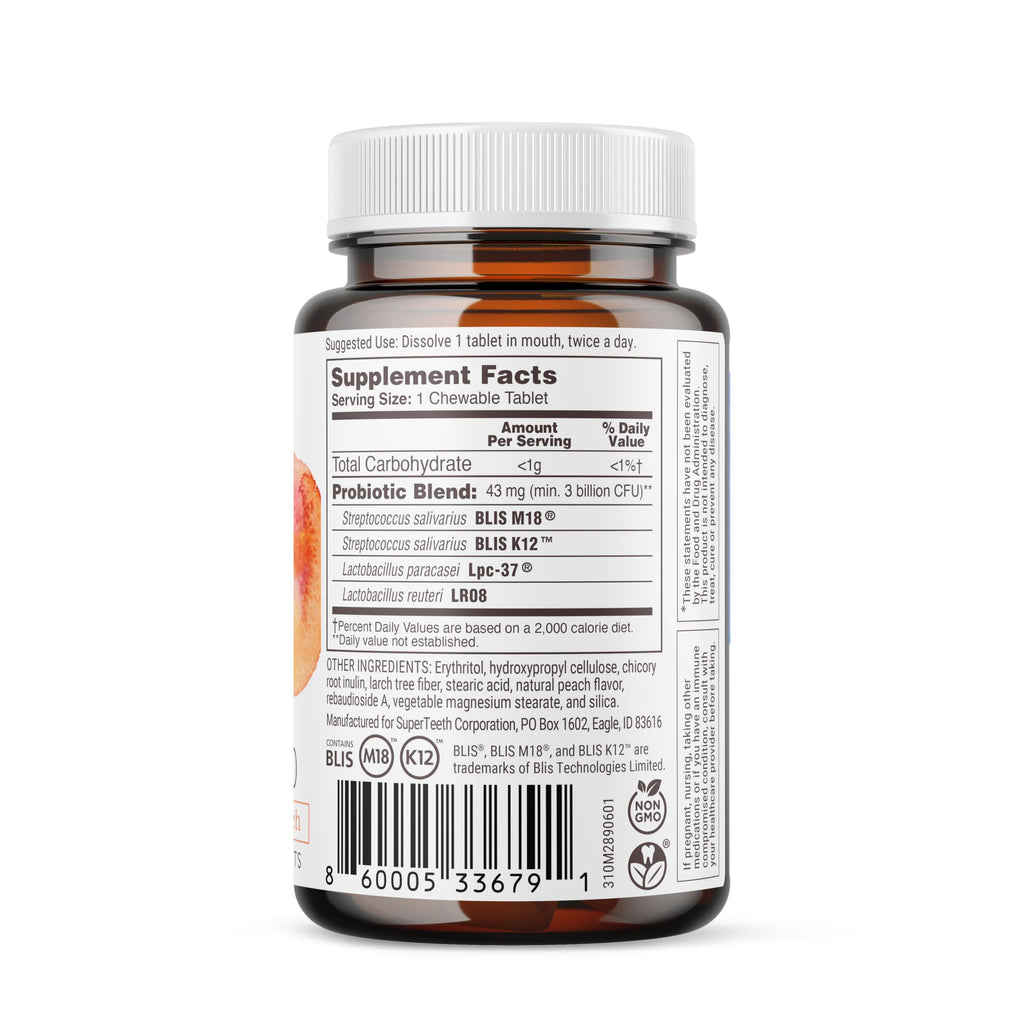 SUPER TEETH Oral Probiotics for Bad Breath, Cavities & ENT Support - Peach