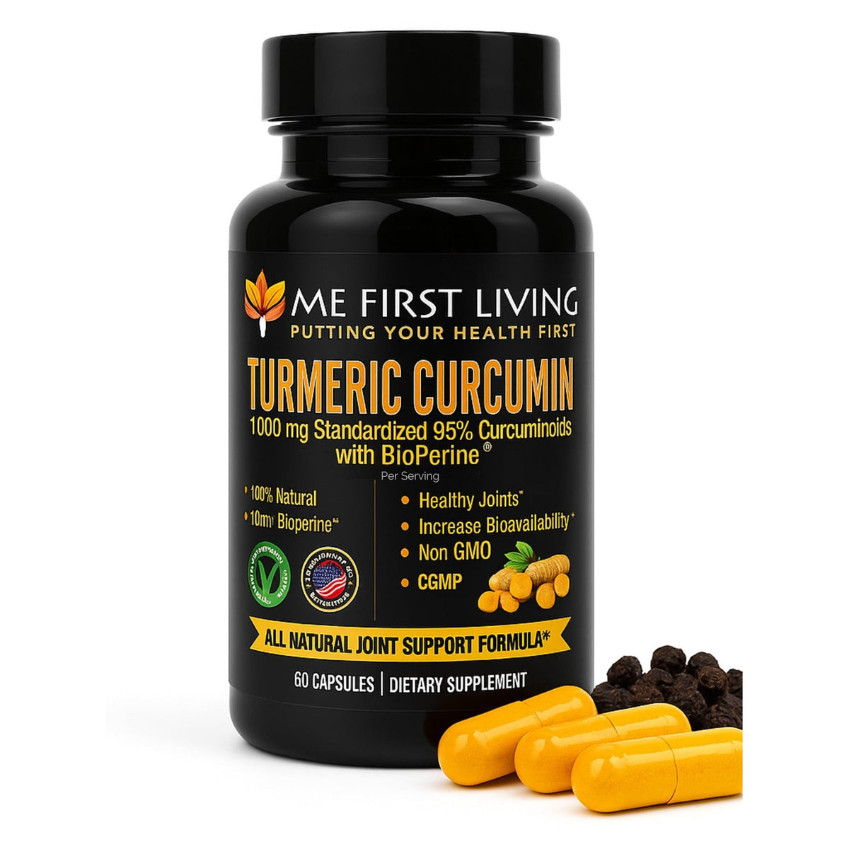 Me First Living Turmeric Curcumin 1000 mg 95% Curcuminoids, Bioperine 10 mg, 19x More Potent Than Others, Increased Absorption, Non-GMO, Organic Turmeric, Vegan, Gluten Free, 60 Capsules