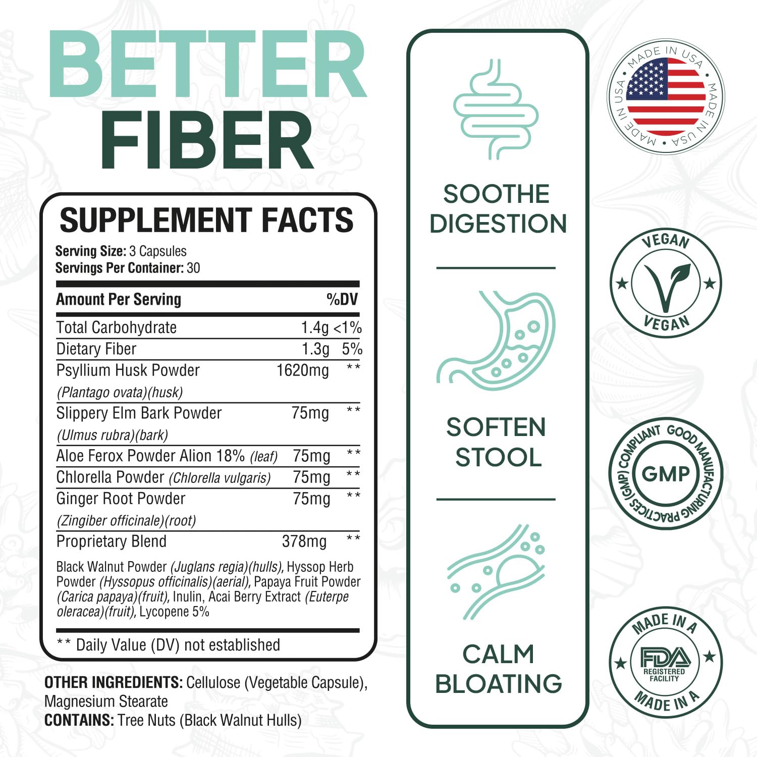 Organics Ocean Better Fiber - Daily Fiber Supplement - Soften Stool for Effortless Bowel Movements - with Psyllium Husk and Slippery Elm - 3 Bottles