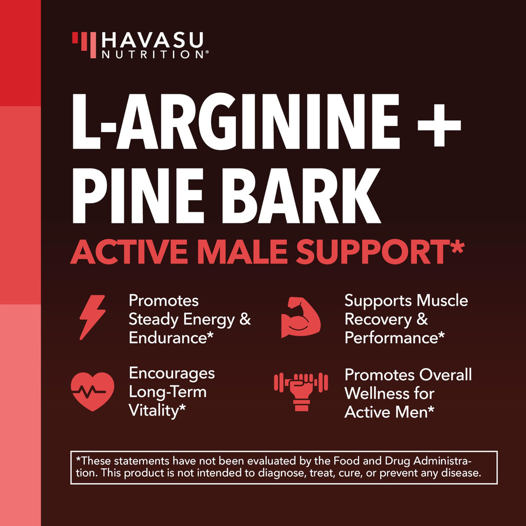 L-Arginine 1800mg with Pine Bark Extract 100mg Per Serving, 30 Servings | Nitric Oxide Supplement with Pine Bark and L-Arginine for Men, Performance Supplement for Men's Health, Vegan, 90 Count