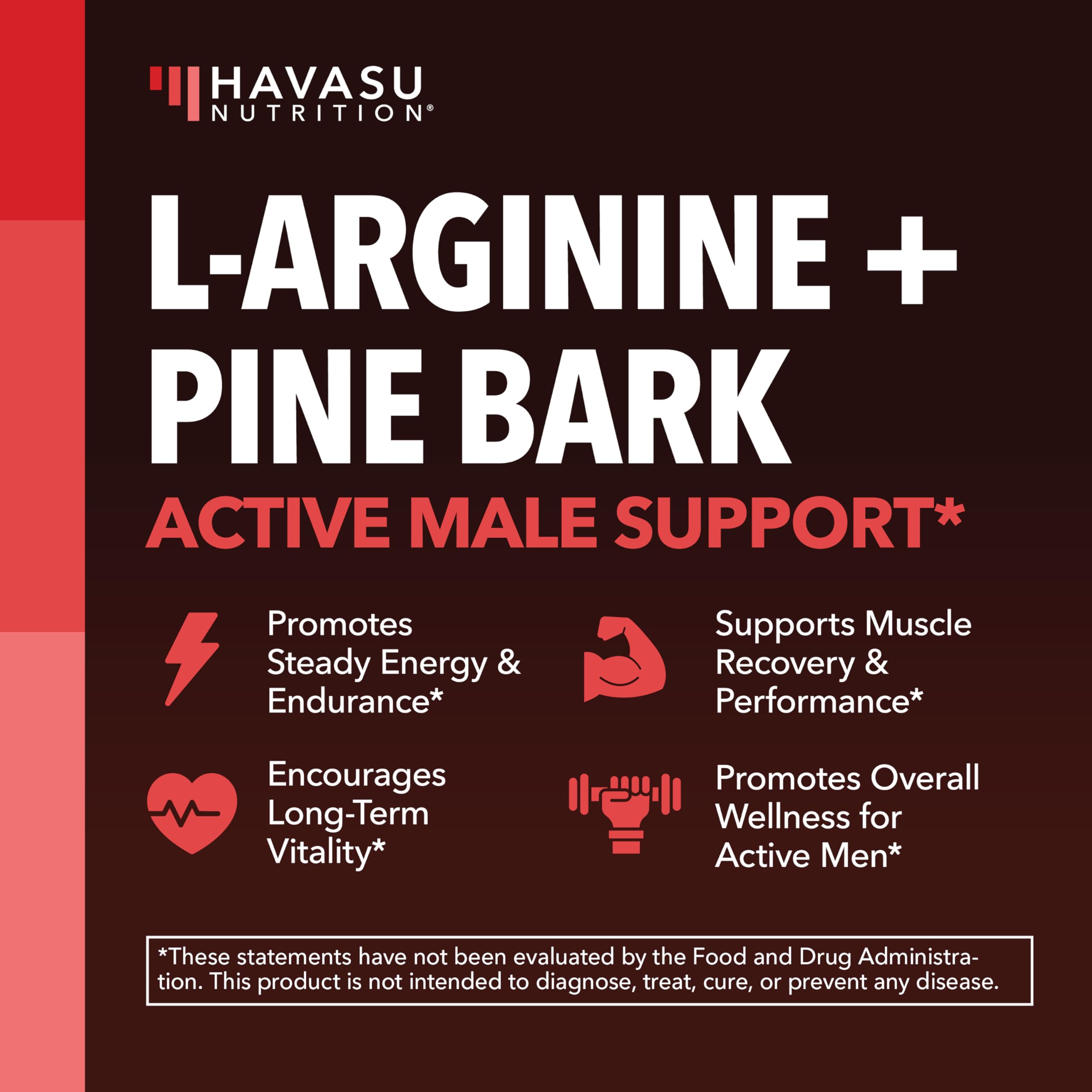 L-Arginine 1800mg with Pine Bark Extract 100mg Per Serving, 30 Servings | Nitric Oxide Supplement with Pine Bark and L-Arginine for Men, Performance Supplement for Men's Health, Vegan, 90 Count