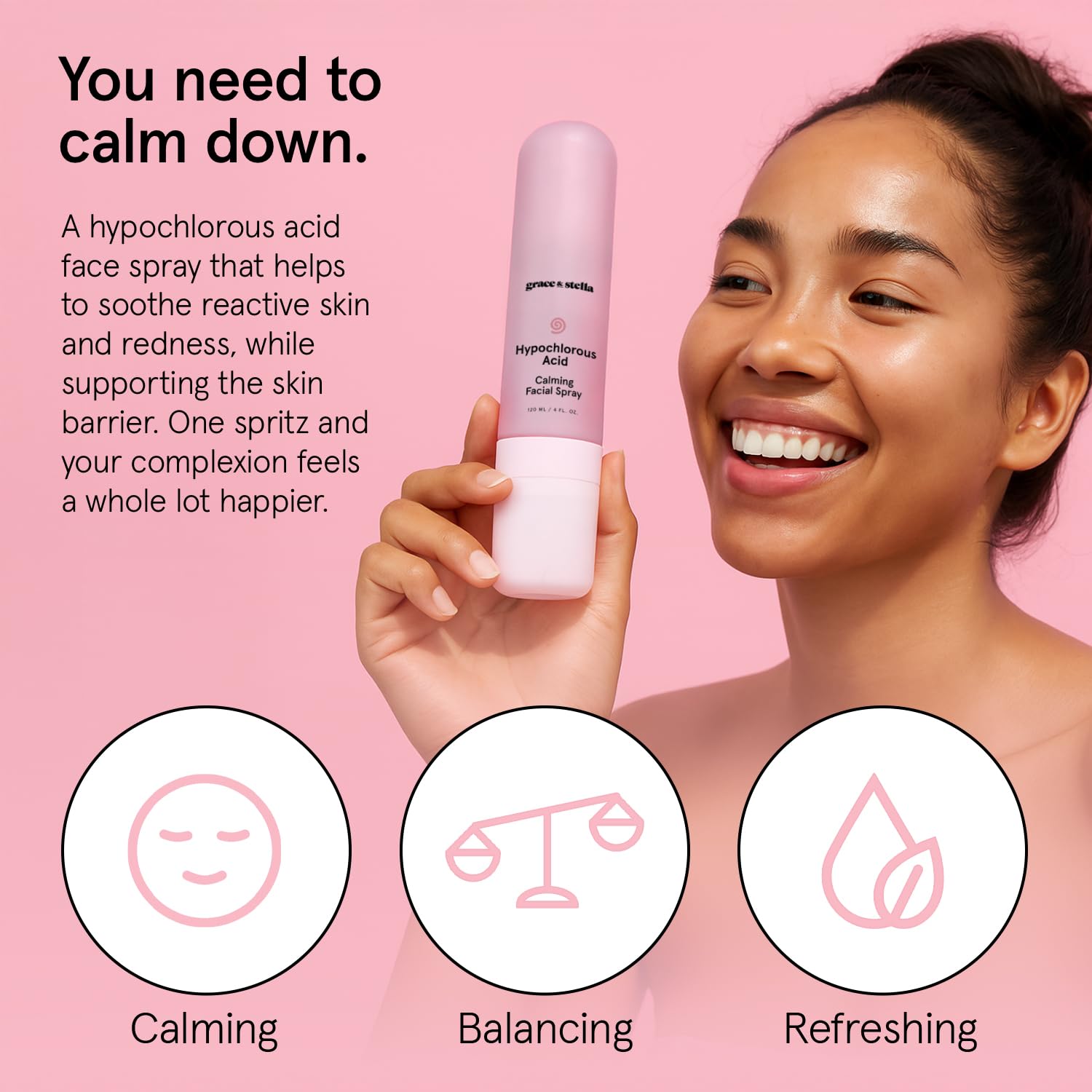 grace & stella Hypochlorous Acid Spray for Face - Acne Spray - Gentle Face Mist to Calm Redness, Flare-Ups, Breakouts, Body Acne, Bacne - Soothing Facial Mist for Sensitive Skin (120ml/4 fl oz)