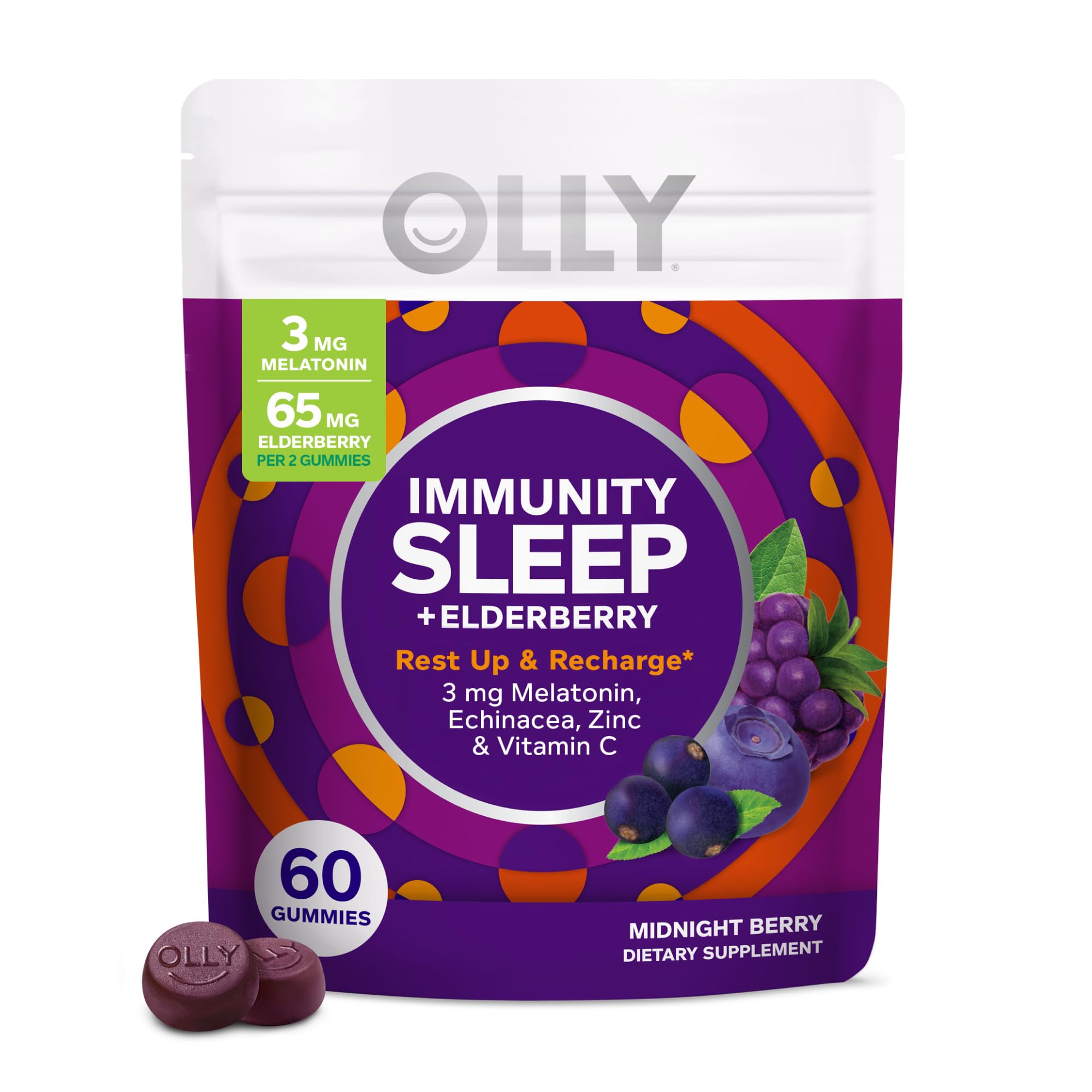 OLLY Immunity Sleep Gummy, Immune and Sleep Support, 3mg Melatonin, Echinacea, Zinc, Vitamin C, Chewable Supplement, Midnight Berry - 60 Count