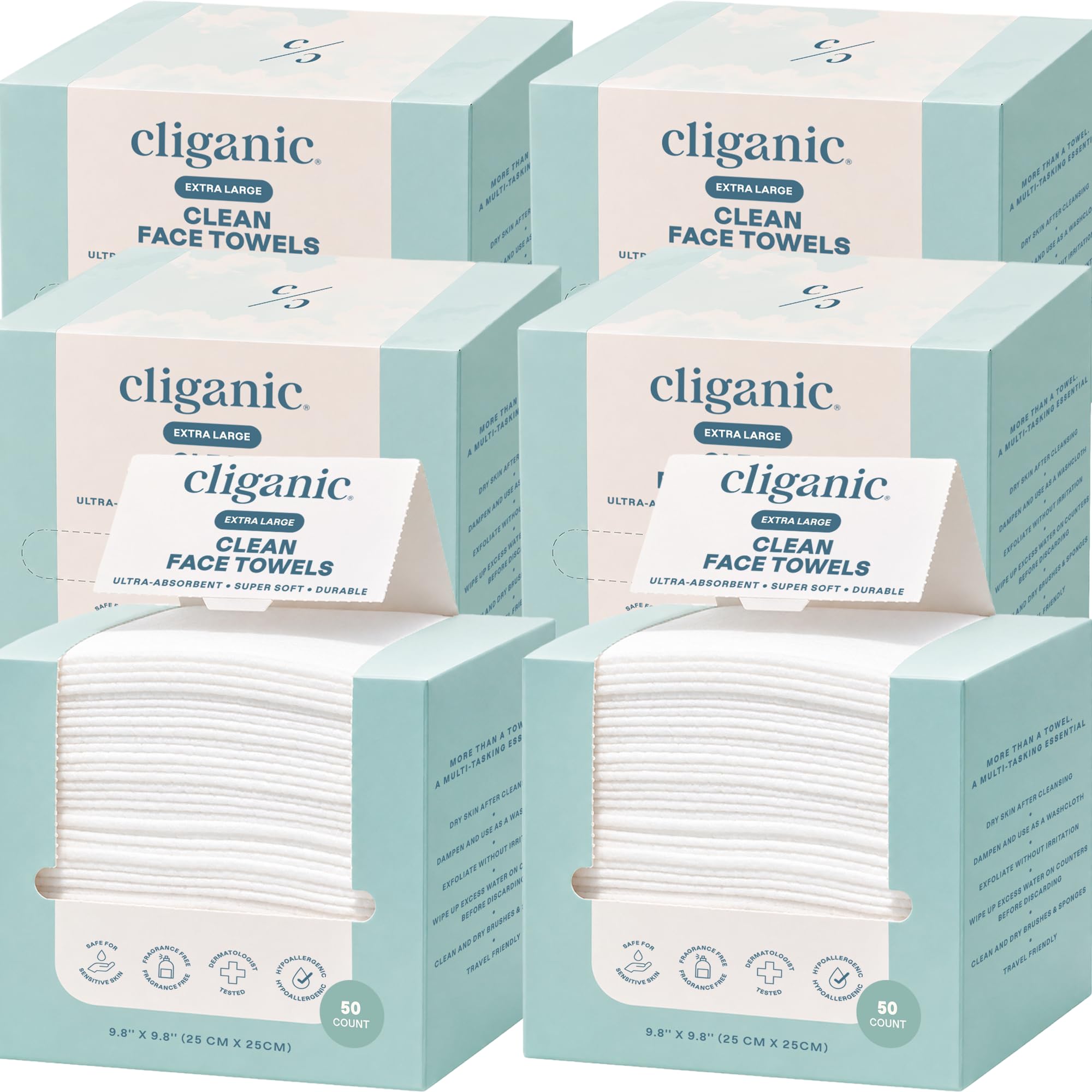Cliganic Clean Face Towels XL, Disposable, Ultra-Absorbent, Hypoallergenic & Soft - Makeup Remover Dry Wipes, Pamper Your Face, Feel Fresh & Radiant, Hygienic Towelettes, for All Skin Types (50 Ct)