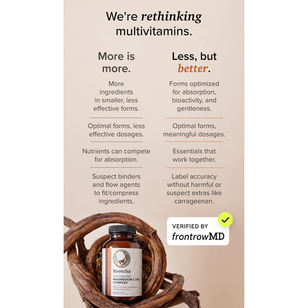 Potent & Pure Magnesium & Zinc Complex - Fully Reacted Magnesium with Chelated Zinc Picolinate - by Rootcha | 120 Capsules