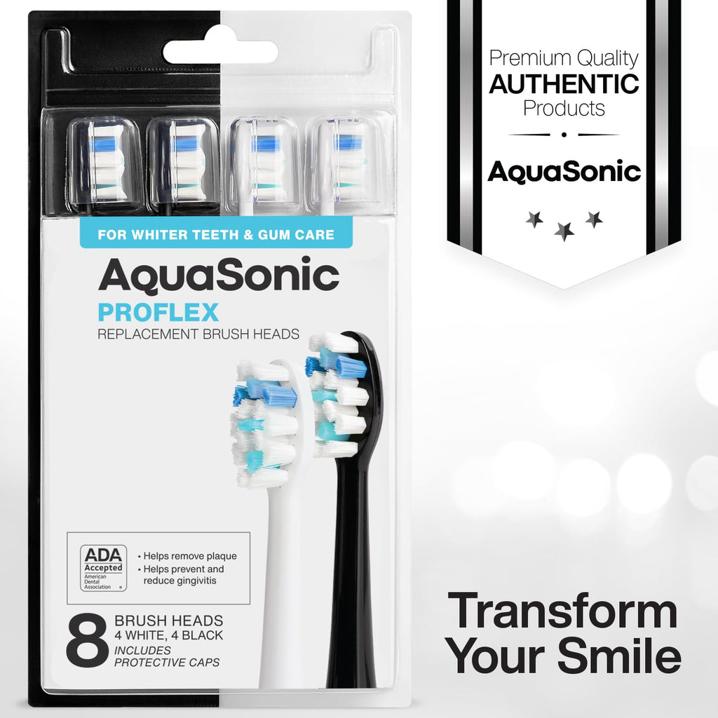 AquaSonic Genuine Proflex Replacement Brush Heads | ADA Accepted | for Whiter Teeth & Gum Care | Compatible with Duo Series PRO and Others (8 Pack Black & White)