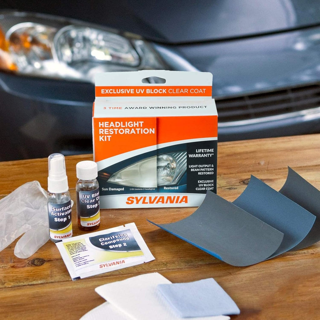 Buy now Sylvania Headlight Restoration Kit - Long-Lasting Headlight Repair Kit for Restoring to Like-New Condition - Surface Activator, Exclusive UV Coating, Clarifying Compound & More - No Tools Required at indiglob india