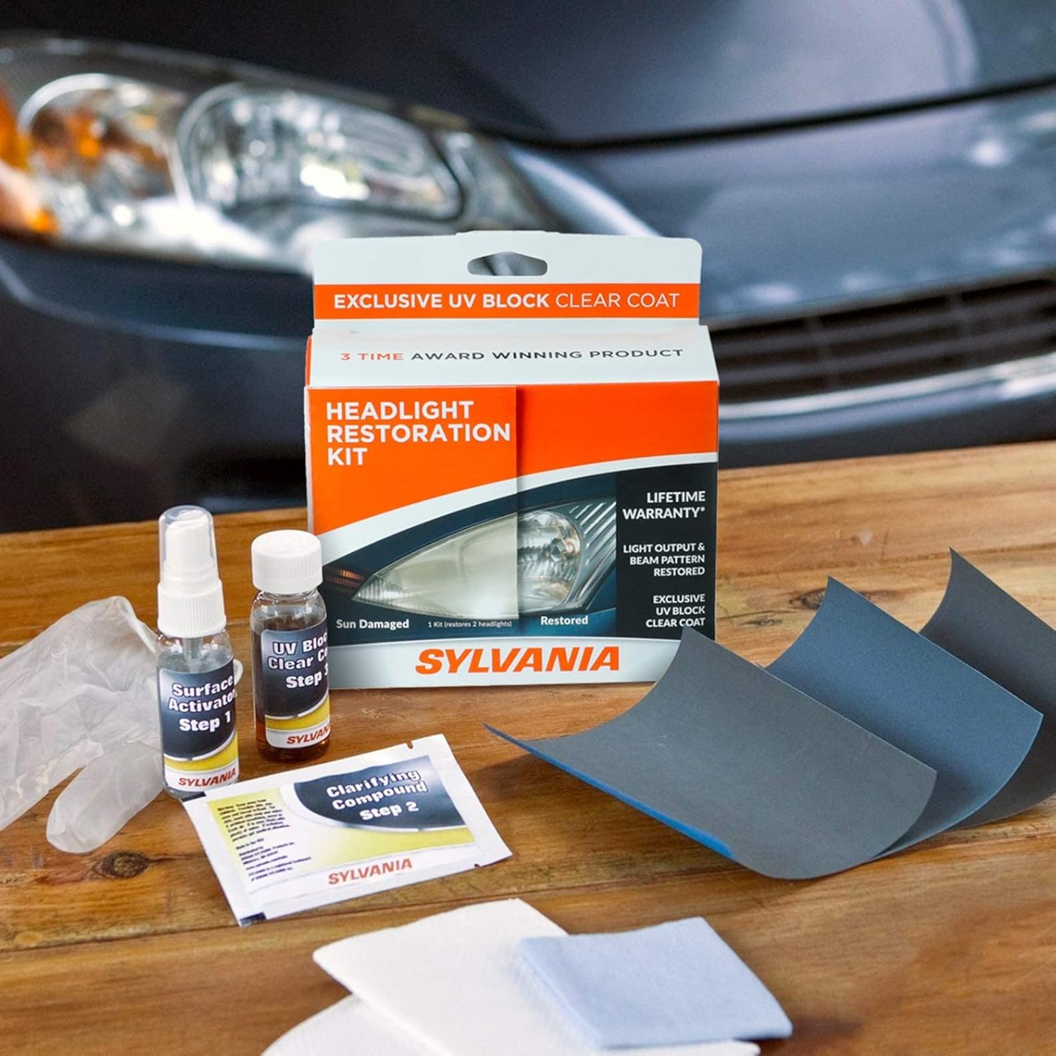 Buy now Sylvania Headlight Restoration Kit - Long-Lasting Headlight Repair Kit for Restoring to Like-New Condition - Surface Activator, Exclusive UV Coating, Clarifying Compound & More - No Tools Required at indiglob india