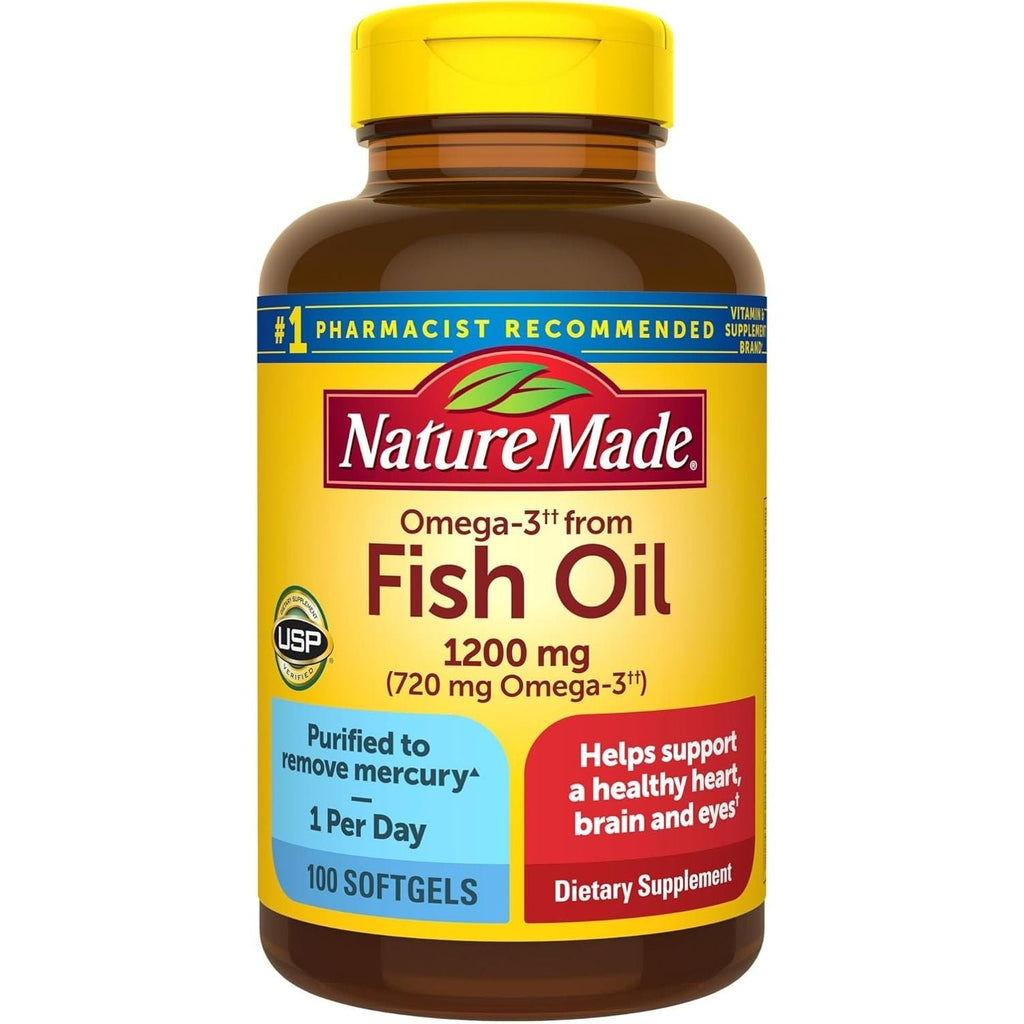 Buy now Nature Made Fish Oil Omega 3 Supplements, Omega 3 Fish Oil as Ethyl Esters 1200 mg Softgels, EPA DHA Supplement for Healthy Heart, Brain, Eye Support, One Per Day, 100 Softgels at indiglob india