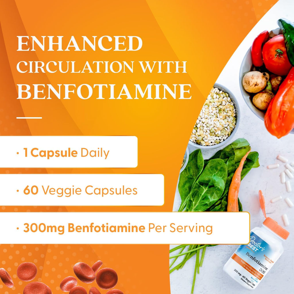 Buy now Doctor's Best Benfotiamine 300 with BenfoPure, Helps Maintain Healthy Glucose Metabolism, Non-GMO, Vegan, Gluten Free, Soy Free, 300 mg, 60 Veggie Caps at indiglob india