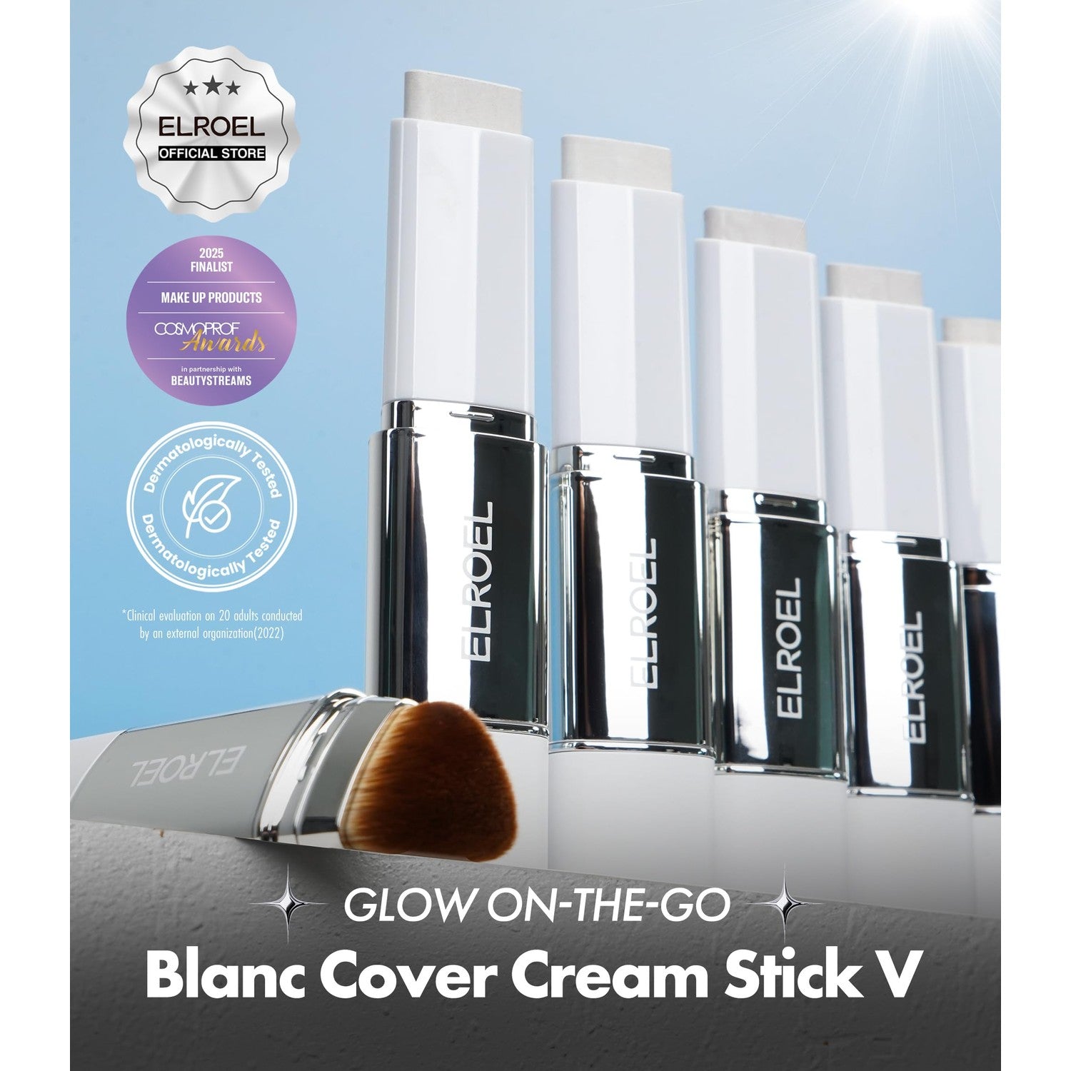 ELROEL Blanc Cover Cream Stick V White - Korean Foundation (#200 Fair) | Medium To Full Coverage, Dewy Finish, Color-Changing Foundation Stick with Volufiline, Dual-Ended, Built-In Detachable Brush