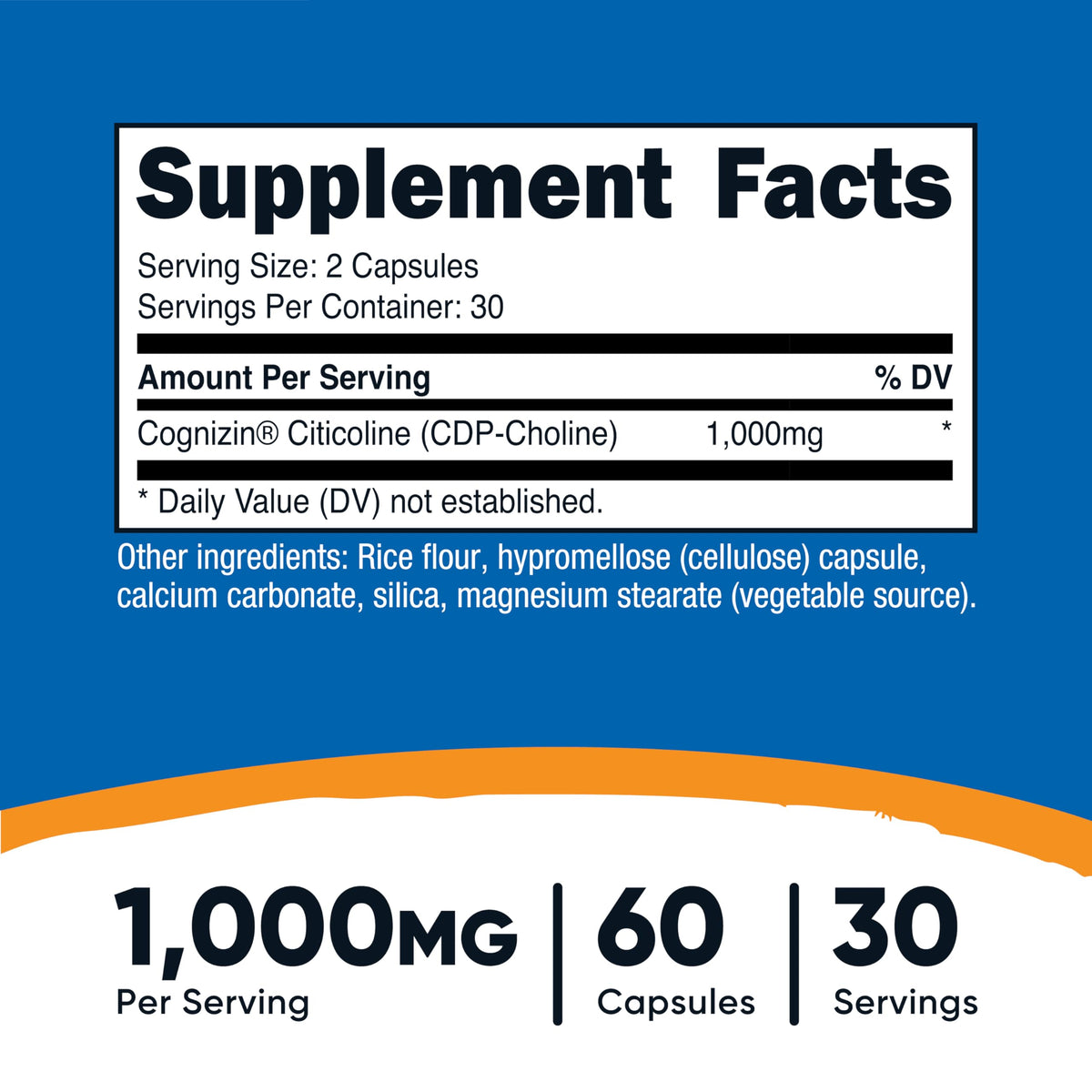 Nutricost Cognizin Citicoline (CDP-Choline) 1000mg, 60 Capsules, Vegan