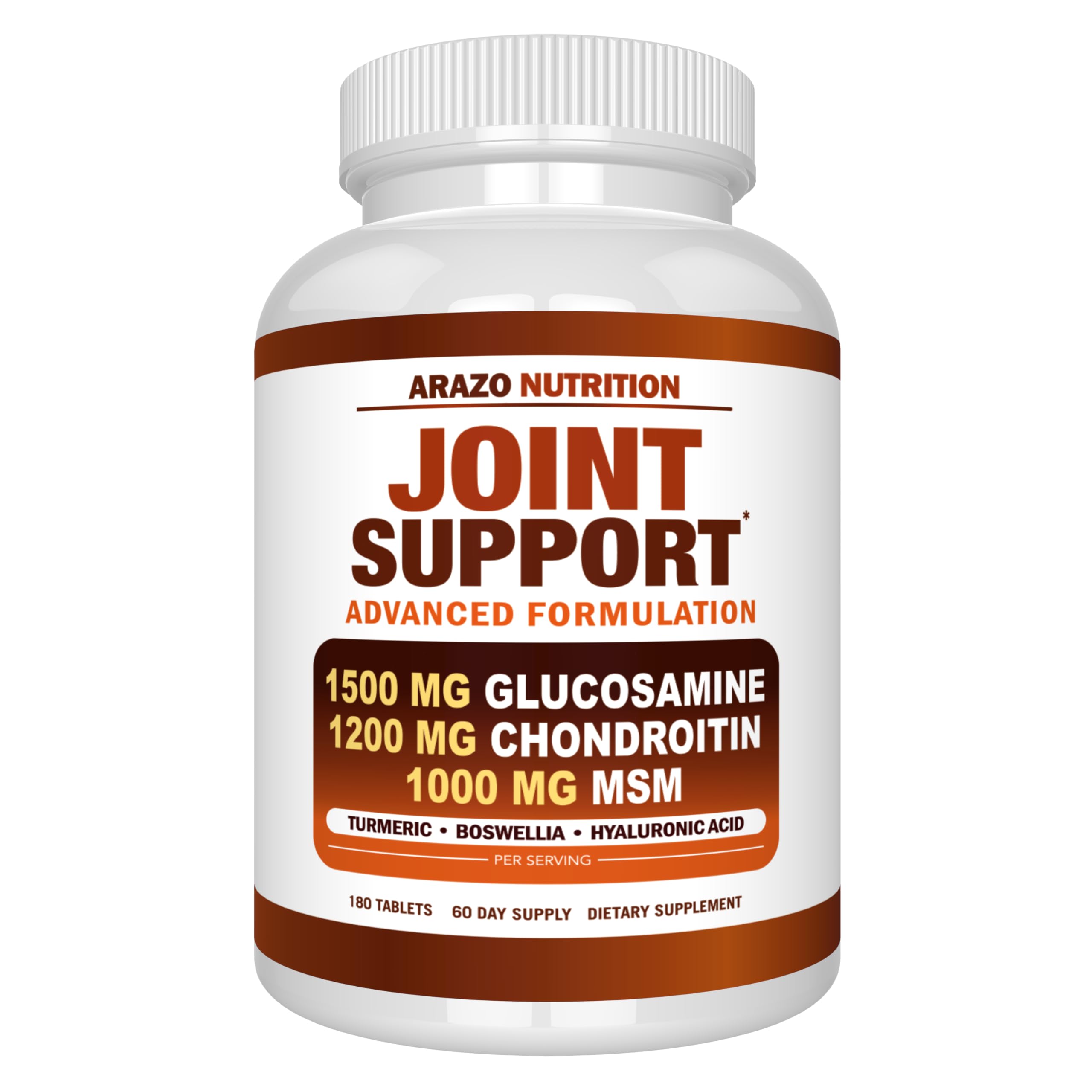 Arazo Nutrition Glucosamine Chondroitin Turmeric Msm Boswellia - Joint Support Supplement for Relief for Bones, Back, Knees, Hands (180 Tablets)