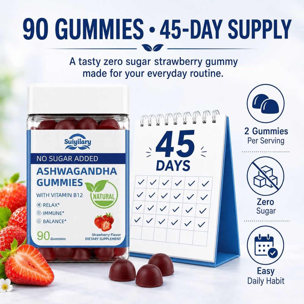 Suiyilary Ashwagandha Gummies 2000mg, Ashwagandha High Strength Root Extract Supplement with Vitamin B12 for Men Women, Strawberry Flavour 45 Days Supply 90 Gummies