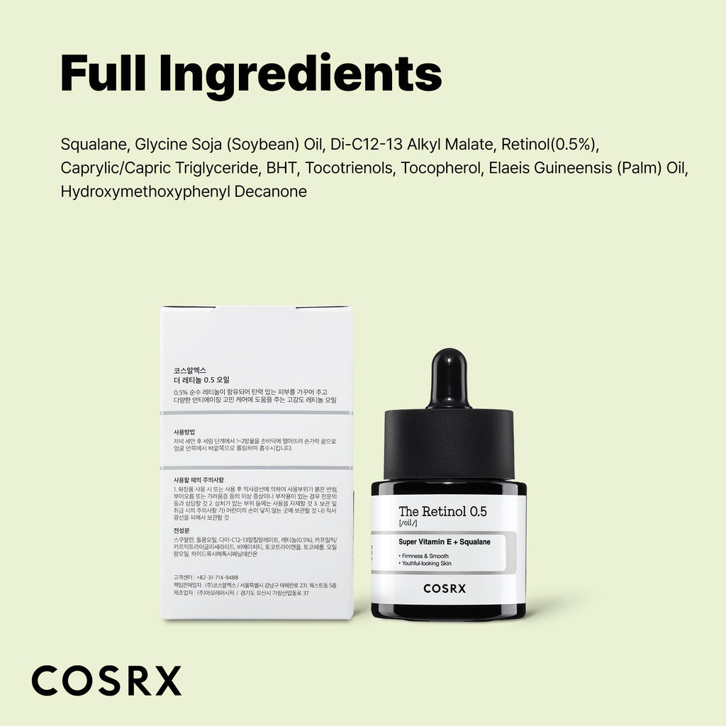 Buy now COSRX Retinol 0.5 Oil, Anti-aging Serum with 0.5% Retinoid Treatment for Face, Reduce Wrinkles, Fine Lines, Gentle Skincare for Day & Night, Not Tested on Animals, Korean Skin Care at indiglob india