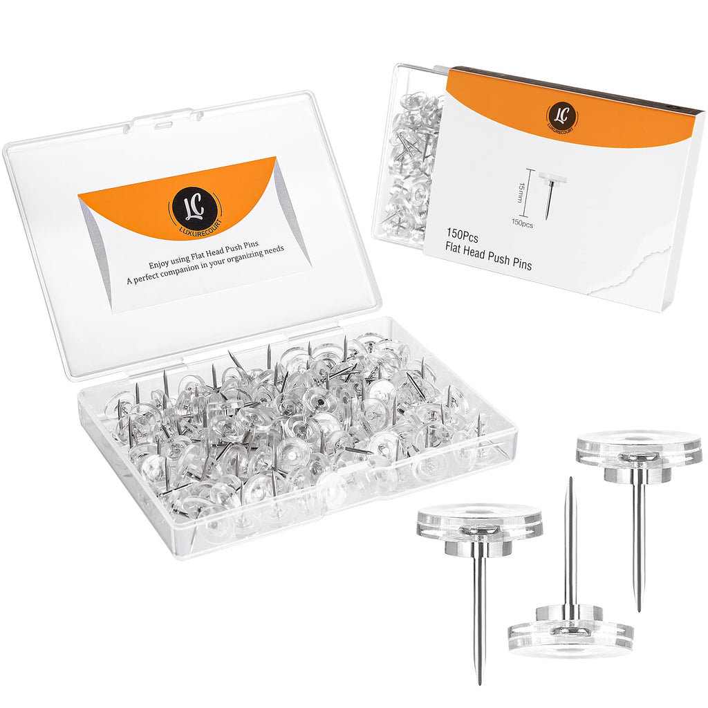 150 Count Clear Thumb Tacks for Wall, Flat Head Push Pins in Reusable Box