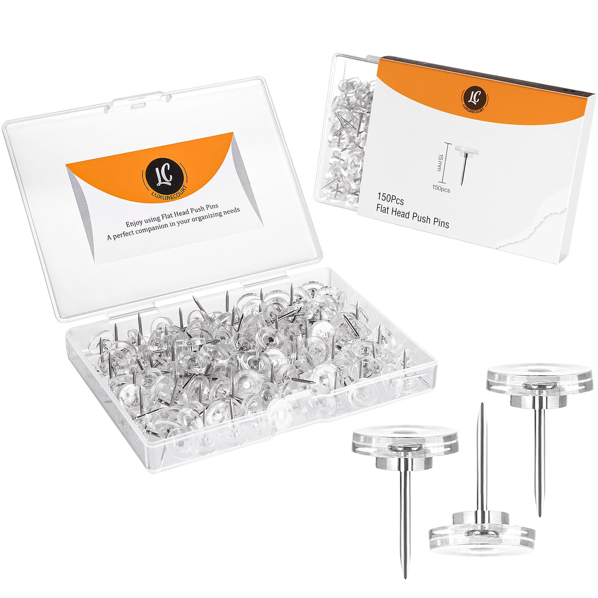 150 Count Clear Thumb Tacks for Wall, Flat Head Push Pins in Reusable Box