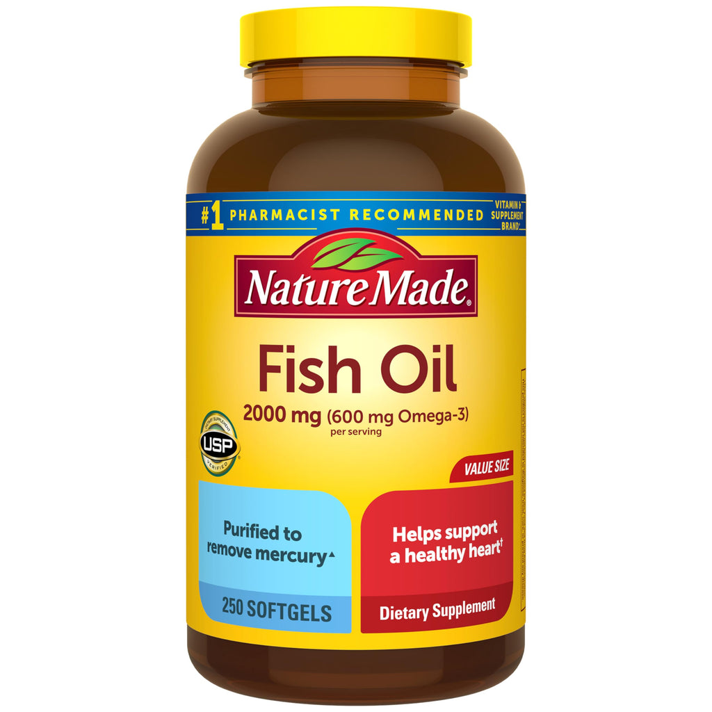 Nature Made Fish Oil Omega 3 Supplements, 2000mg per Serving, 250 Softgels | Fish Oil 2000mg per serving, Omega 3 Fish Oil for Healthy Heart Support, Gluten Free, Dairy Free, 125 Day Supply