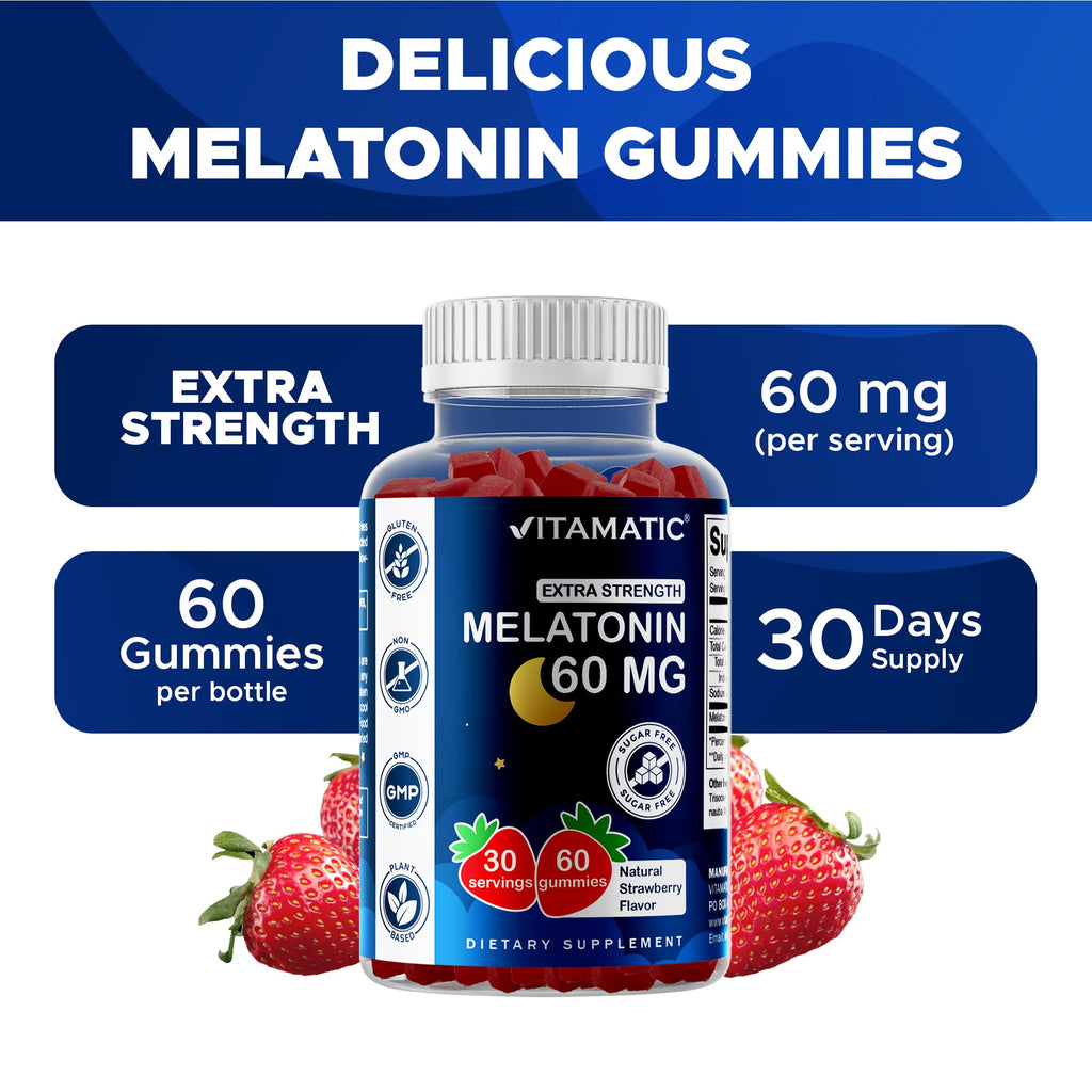 Vitamatic Sugar Free Melatonin 60 mg Per Serving - 60 Vegetarian Gummies | Non-Habit Forming High Potency Melatonin Supplement