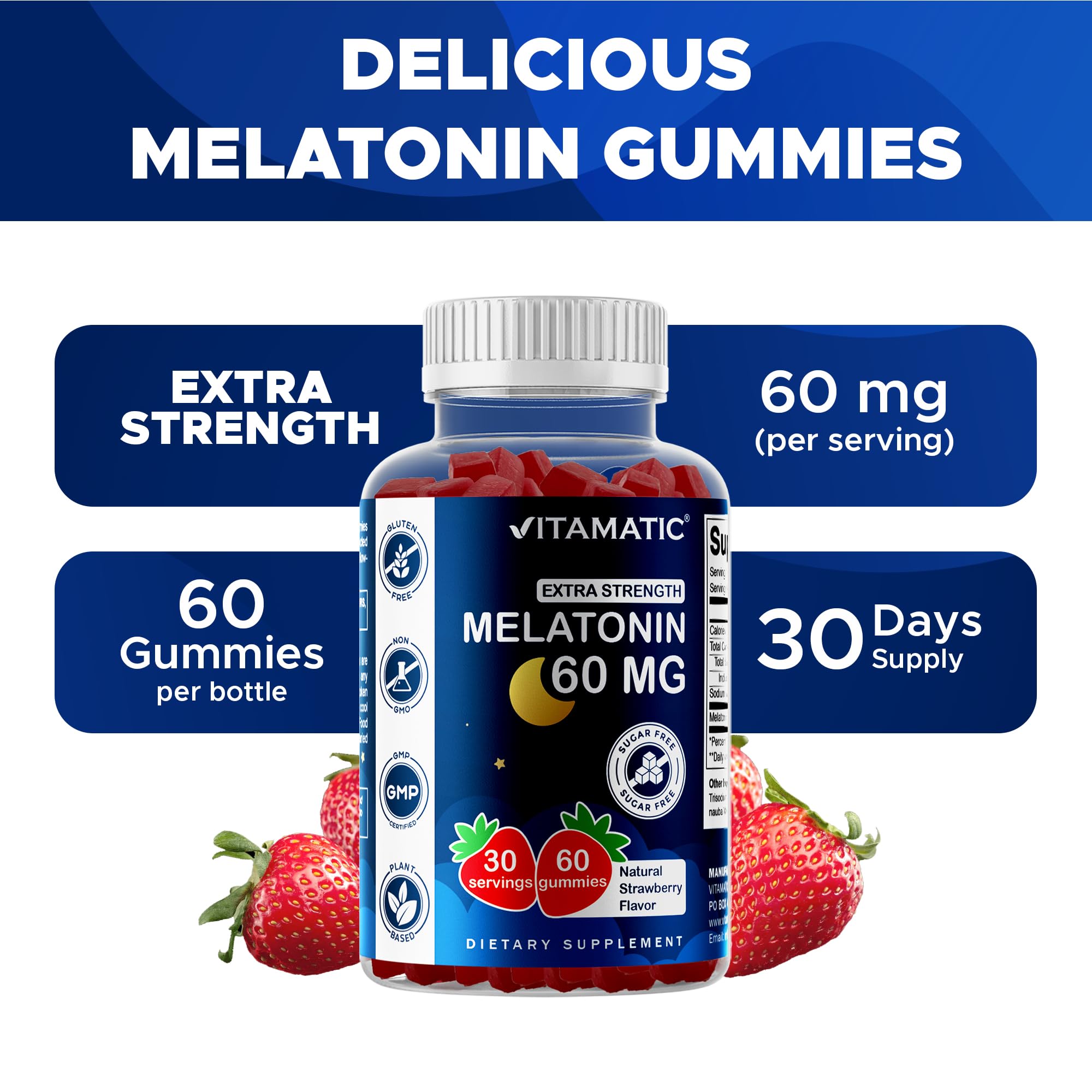 Vitamatic Sugar Free Melatonin 60 mg Per Serving - 60 Vegetarian Gummies | Non-Habit Forming High Potency Melatonin Supplement