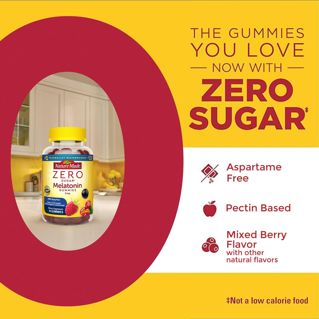 Nature Made Zero Sugar Melatonin 5mg Sleeping Gummies for Adults Extra Strength,100% Drug & Aspartame Free,70 Sugar-Free Melatonin Gummies,70 Day Supply,(Pack of 2)