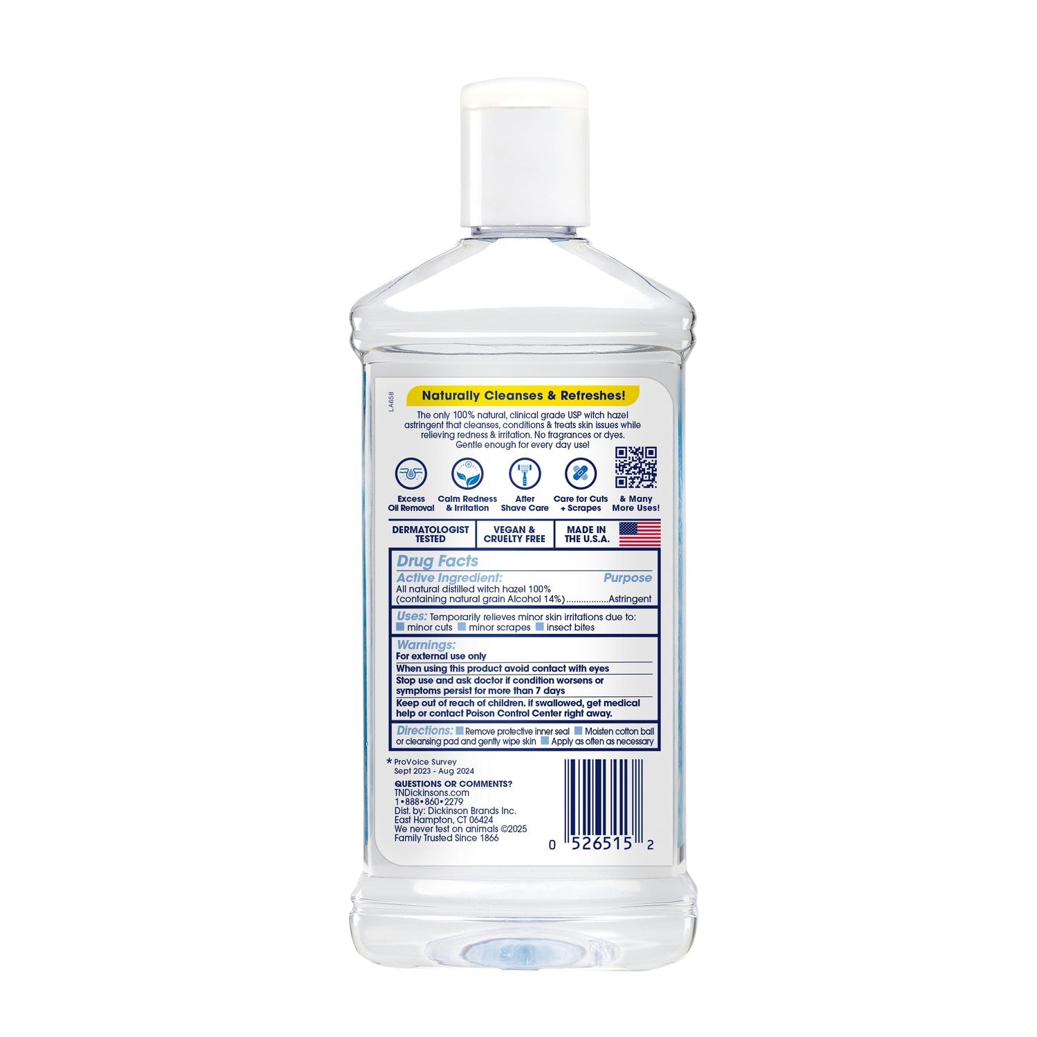 T.N. Dickinson's Witch Hazel 100% Natural Astringent | 8 Fl Oz | Pure Witch Hazel, Fragrance Free; Cleanses & Soothes Skin; Clinical Grade; for Face & Body