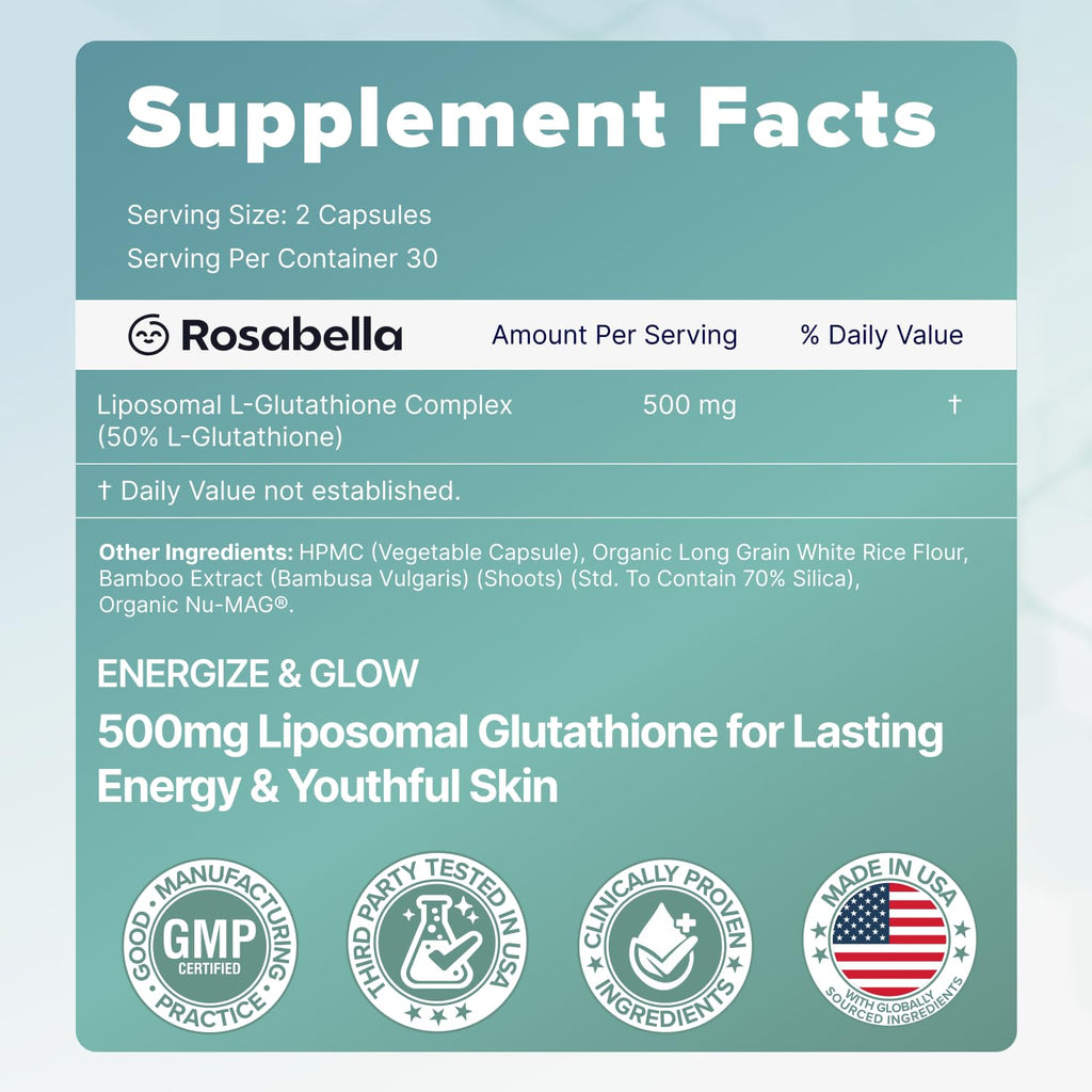 Rosabella Liposomal Glutathione 500mg – High Absorption Glutathione Supplement, Antioxidant Support, Cellular Health & Detox Support, 60 Capsules, 30 Day Supply, Daily Antioxidant Capsules