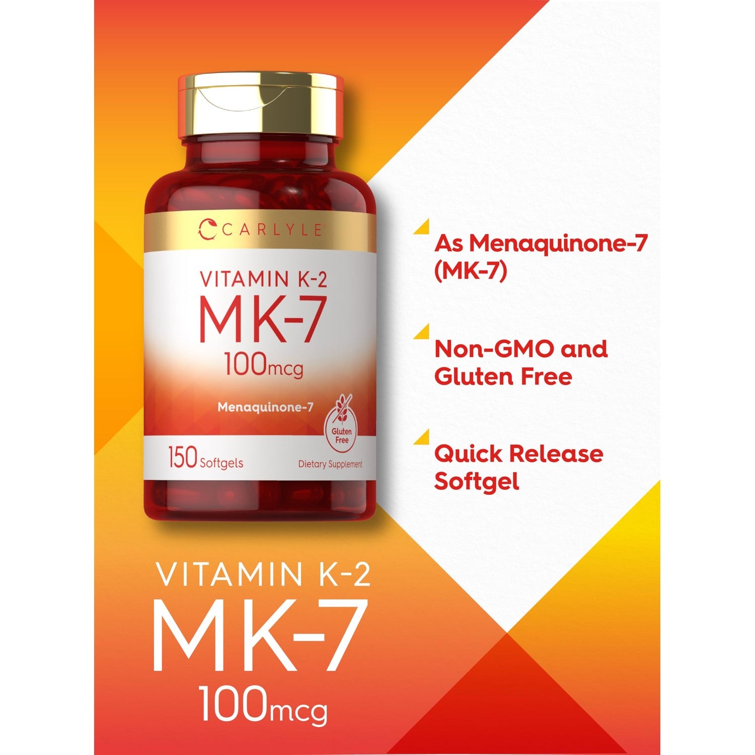 Carlyle Vitamin K2 MK7 100 mcg | 150 Softgels | Bioactive Trans-Form MK7 | Non-GMO & Gluten Free Supplement