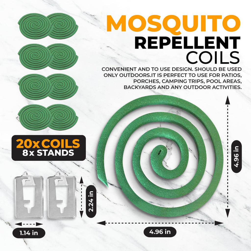 Mosquito Repellent Coils - Outdoor Use Reaches Up to 10 feet - Each Burns for 5-7 Hours (20 coils & 8 Coil Stands) for Patio Backyard