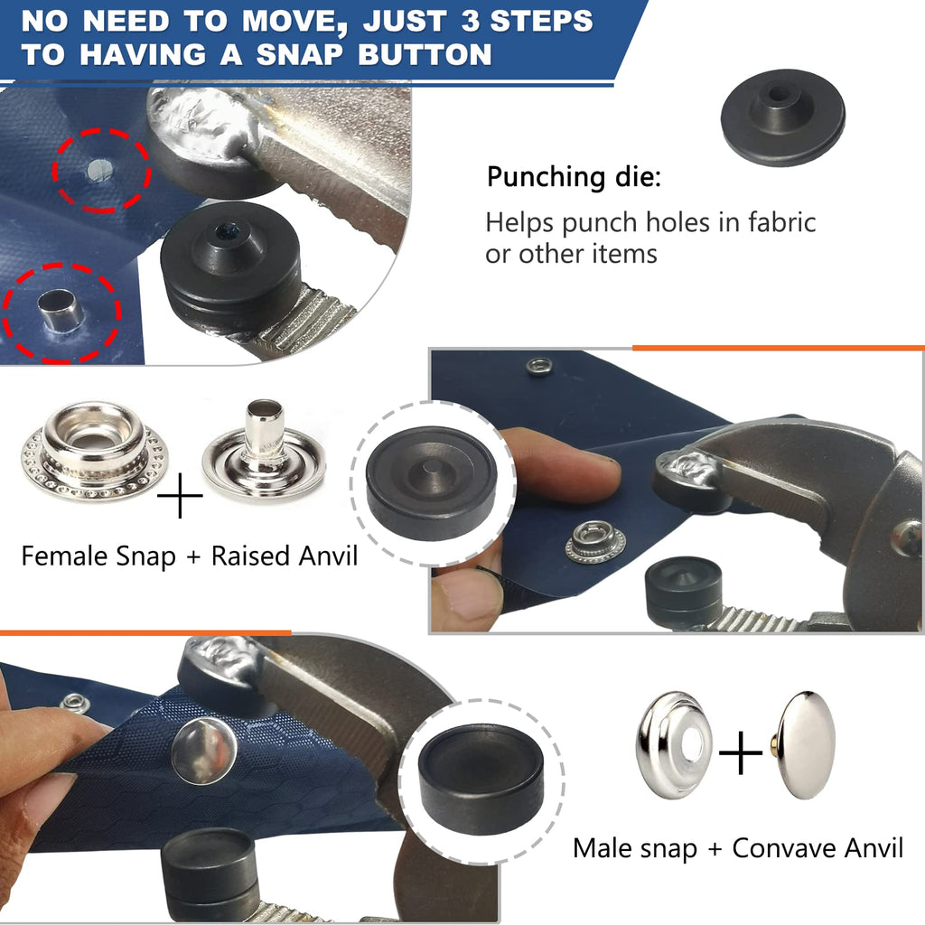 Snap Fasteners Kit, Heavy Duty Fastener Tool and 60-Set 15mm Marine Snaps