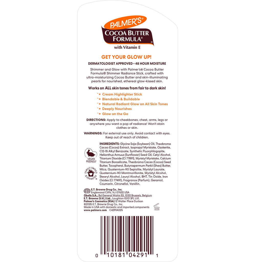 Palmer's Body Shimmer Stick, Cocoa Butter Formula with Vitamin E (1 Oz) | Radiant Highlighter Makeup for Body Glow, Provides 48hr Moisture, All Skin Tones & Types, Blendable, Dermatologist Approved