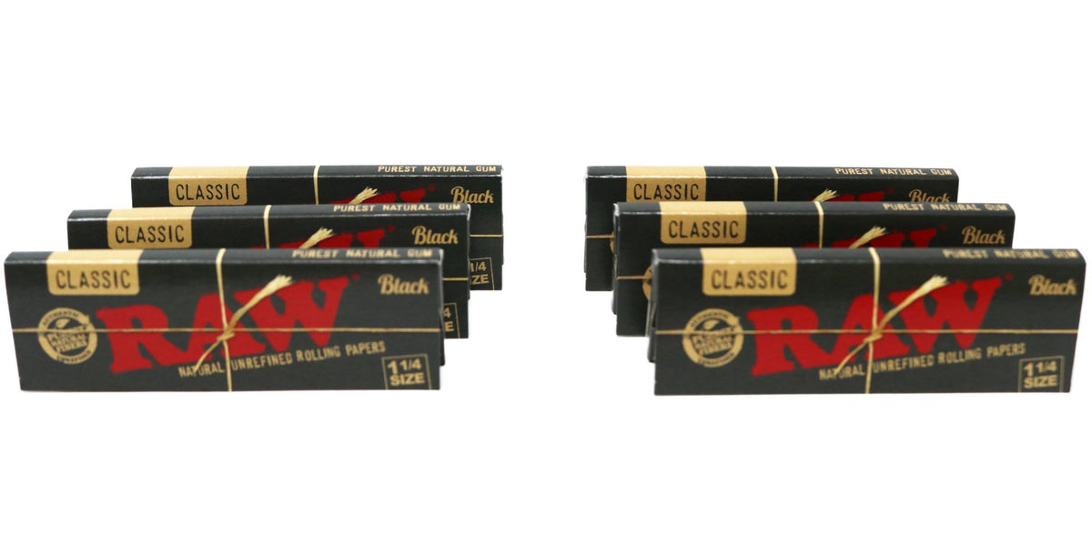 RAW Classic Black 1 1/4 Size Natural Unrefined Ultra Thin 79mm Rolling Papers (6 Packs)