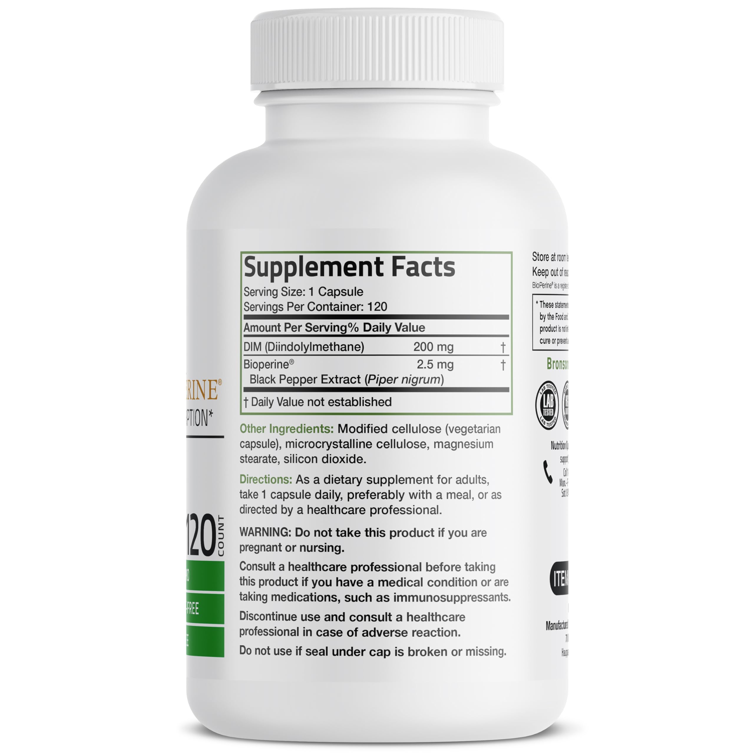 Bronson DIM 200 mg Diindolylmethane with BioPerine, 120 Vegetarian Capsules | Enhanced Absorption, Healthy Estrogen Metabolism & Balanced Hormones for Men & Women, Non-GMO, Gluten-Free & Soy-Free