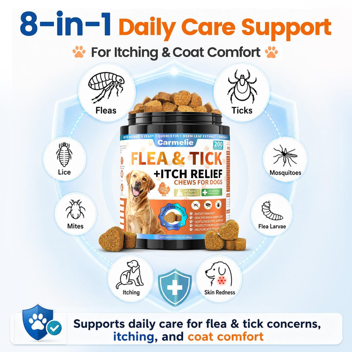 Carmelie Flea and Tick Prevention for Dogs, Flea & Tick + Itch Relief Chews