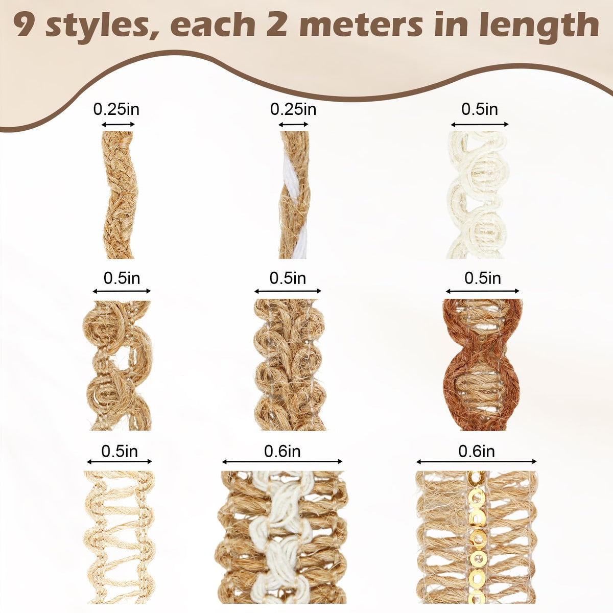 9 Rolls Jute Burlap Lace Ribbon Trim, 18 Meters Decorative Craft Fabric Ribbons for Crafts Wrapping Sewing Wedding Party Decorations