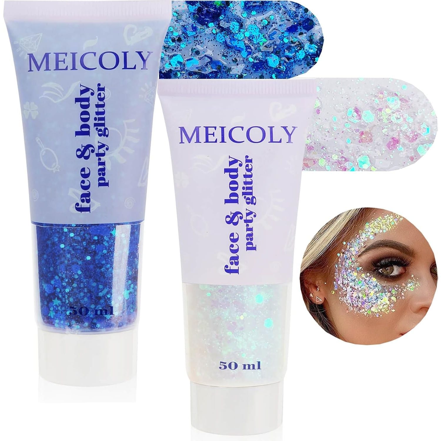 Buy now MEICOLY Pink and Clear White Face Body Glitter Set,Pink Face Glitter Gel,Singer Concerts Festival Rave Accessories,Glitter Face Paint for Women Kids,Mermaid Glitter Makeup,Body Glitter for Women white and blue face glitter at indiglob india