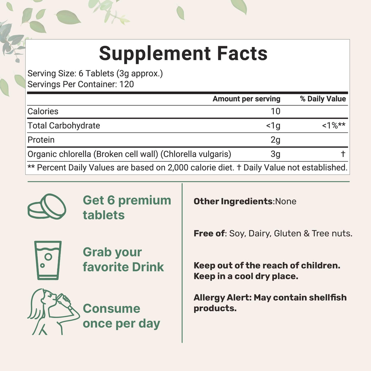 Organic Chlorella Tablets, 500mg Per Tablet, 720 Tabs (360 Grams), 4 Months Supply, Broken Cell Wall, Rich in Vegan Protein & Vitamins, No Filler, No Additives & Non-GMO | Pure Green Algae Superfood